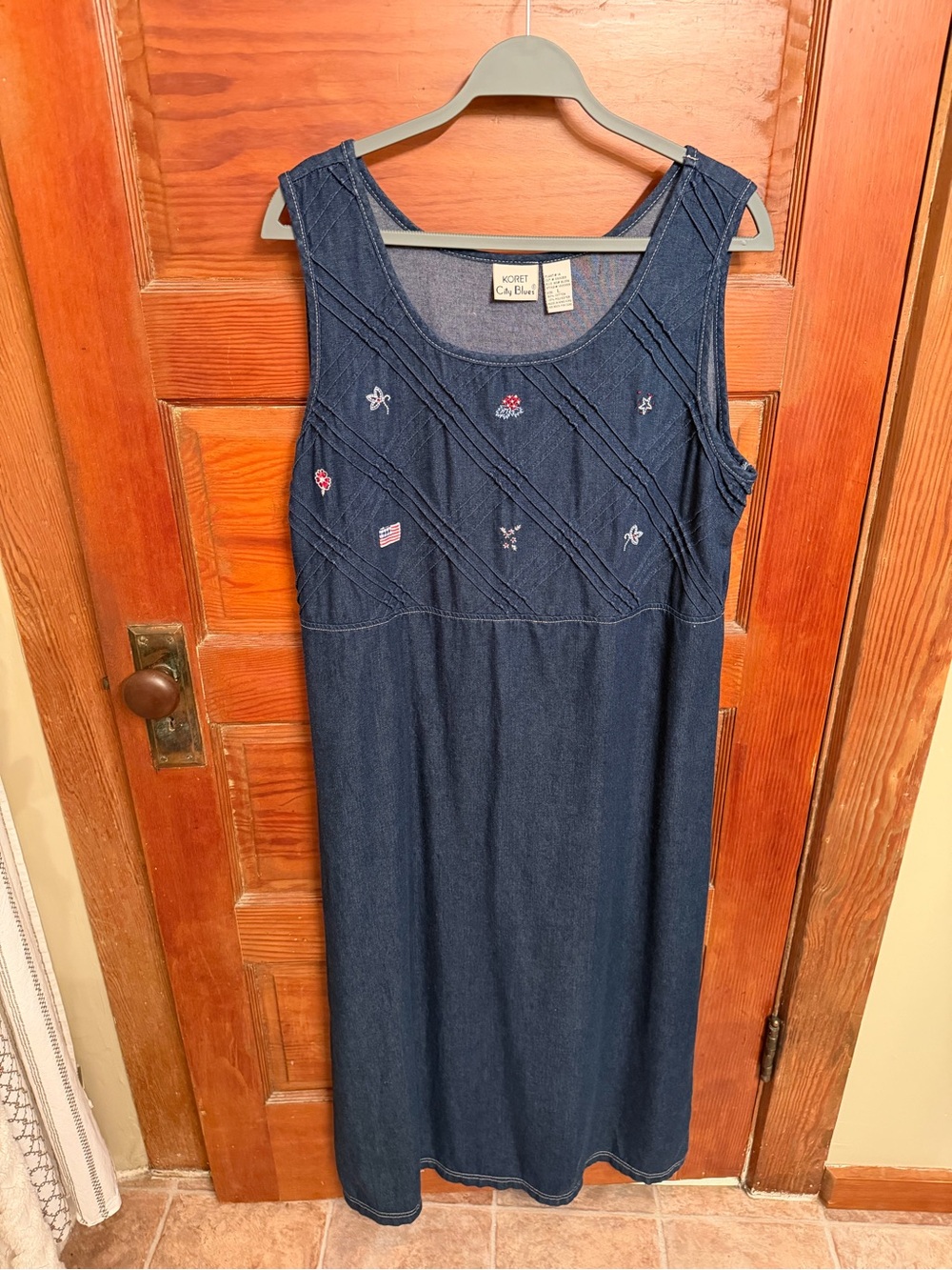Vintage Koret Dark Blue Denim Sleeveless Maxi Dress with Embroidered Accents